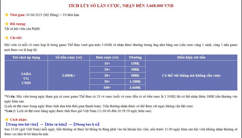 Tích lũy cược thể thao nhận ngay 3.668K